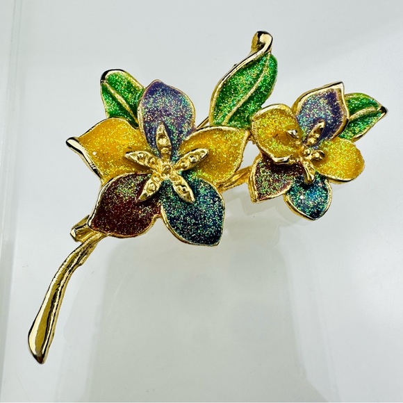 Vintage Two Floral Flower Leaf Glass Pearl Glitter Brooches - Picture 11 of 13